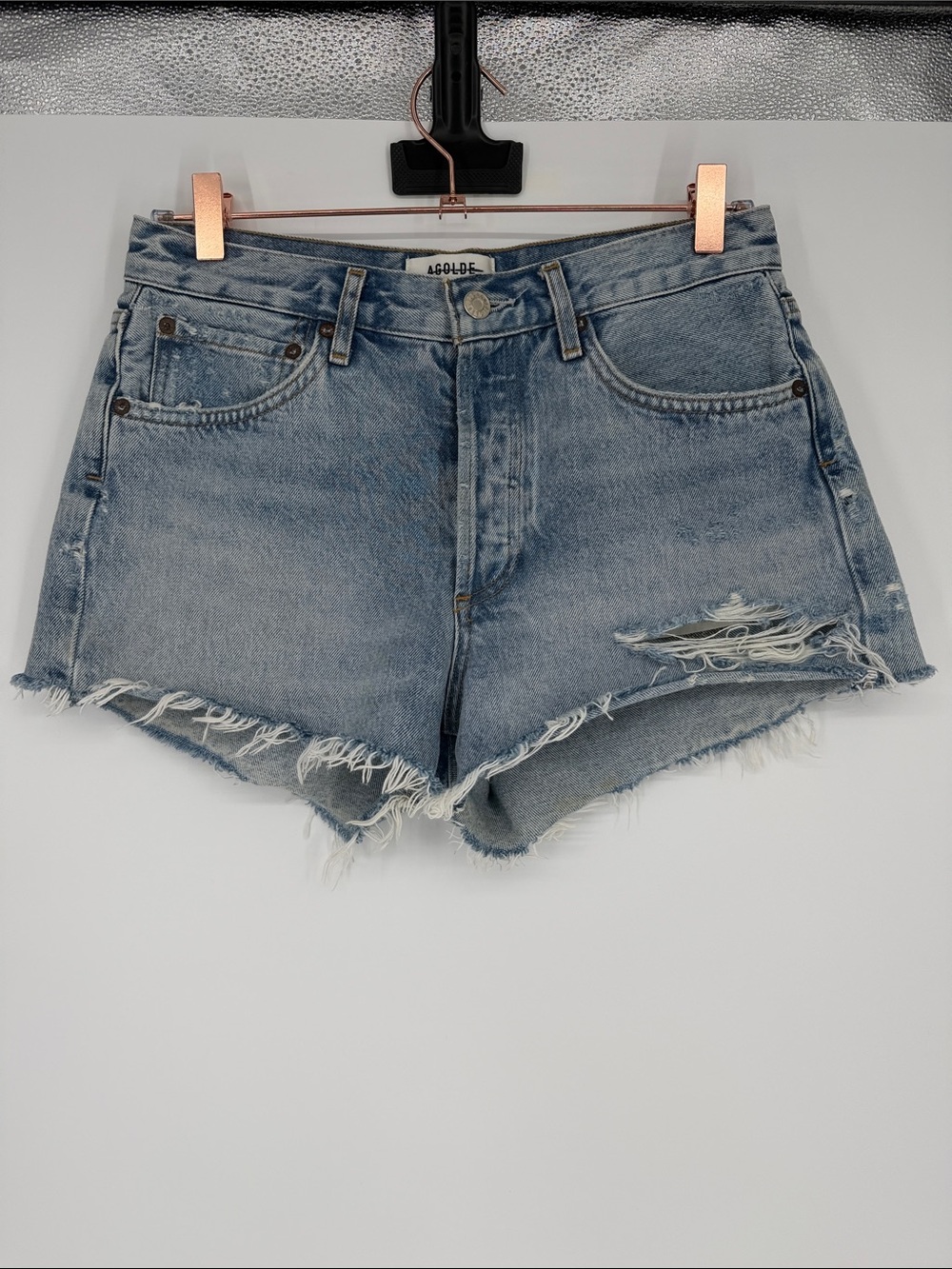 AGOLDE Parker Light Wash Distressed High Rise Cutoff Jean Shorts Button Fly 26